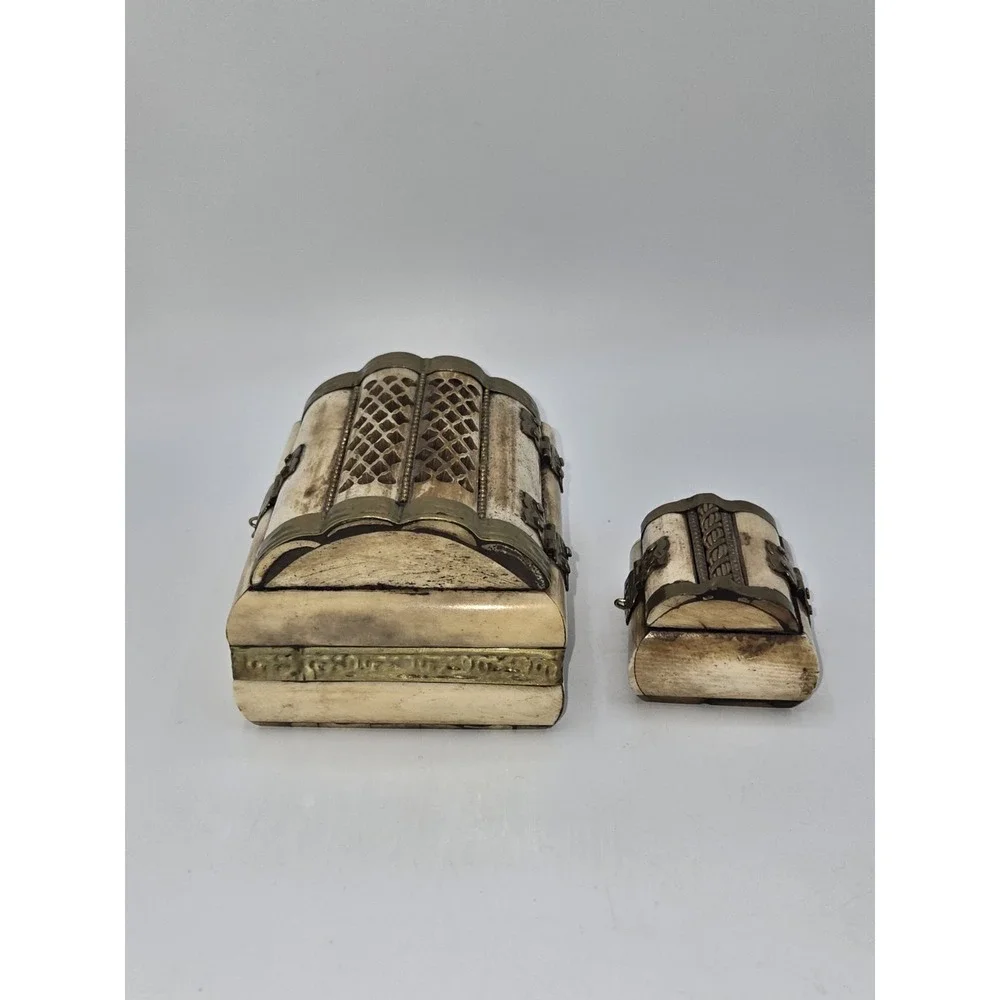 Vintage Camel Bone Brass Jewelry Casket Set Velvet Lined Pair